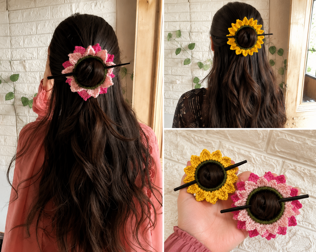 🌻 Pack of 2 Handmade Crochet Flower Hair Pin Set | Sunflower & Blossom Bun Stick