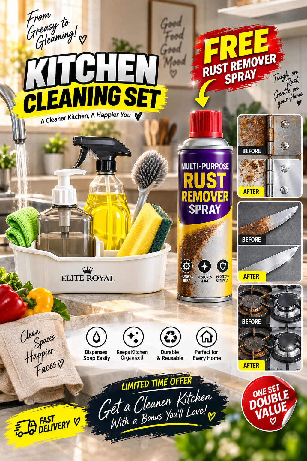 High Quality Dishwashing Set With Ring Holder + Free MULTI-PURPOSE RUST REMOVER SPRAY
